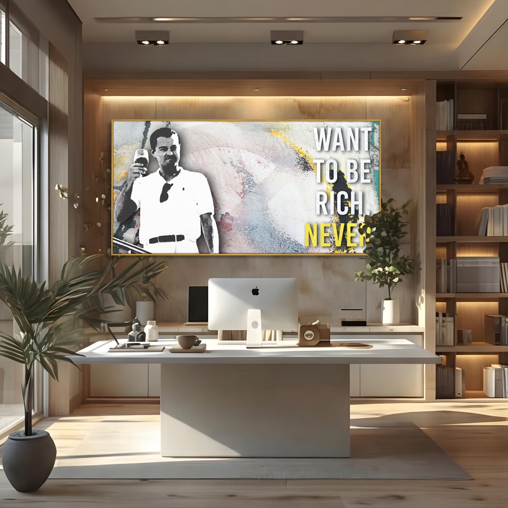 Tablou canvas cu tablou canvas cu leonardo dicaprio, in rama de aluminiu auriu, pe perete intr-un birou